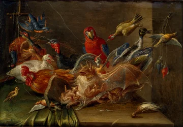Composição Decorativa da Natureza Morta com Aves e Dois Morcegos, meados do século XVII