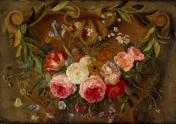 Composição decorativa de natureza morta com guirlanda de flores, meados do século XVII