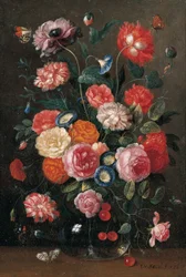 Rosas, cravos, glória da manhã, uma papoula e um raminho de cerejas em um vaso de vidro, uma parede marrom, uma ponta laranja, um almirante vermelho e uma borboleta pega em uma mesa, 1676