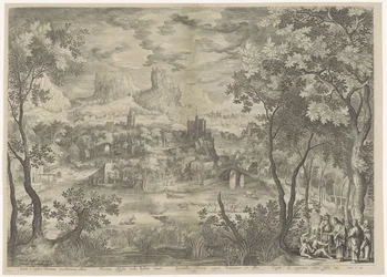 Paisagem com Cristo exorcizando um demónio de um homem mudo
Ejicit è misero Dominus Cacodaeomona Mito Protinus Obsessus Obsessus verba diserta sonat spiritibus Christus stygiis dominatur, et illos, Cogit ad imperium cedere sua sede (título sobre o objecto