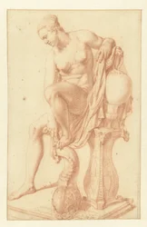Mulher nua sentada à sua toilette