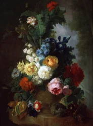 Natureza morta de rosas e delfínios. Pintura de Jan van Os (1744-1808). Coleção particular.