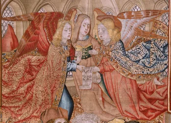 Tapeçaria flamenga. Episódios da Série da Vida da Virgem; Apresentação no Templo (Presentación en el Templo). Segunda tapeçaria da série. Modelos Atribuídos a Jan van Roome (ou van Brussel). Fabrico Pieter van Aelst, Bruxelas. Ca 1502-1504.