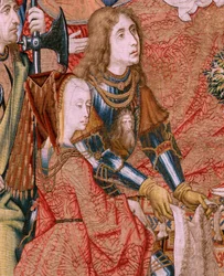 tapeçaria flamenga. Episódios da série de A Vida da Virgem. As profecias são cumpridas no nascimento de Cristo (cumprimento das profecias no nascimento do Filho de Deus). Primeira tapeçaria da série. Modelos atribuídos a Jan von Roome (ou van B