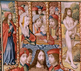 tapeçaria flamenga. Episódios da série de A Vida da Virgem. As profecias são cumpridas no nascimento de Cristo (cumprimento das profecias no nascimento do Filho de Deus). Primeira tapeçaria da série. Modelos atribuídos a Jan von Roome (ou van B