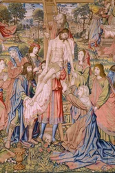 Tapeçaria flamenga. Série A paixão de Cristo: Descendência da cruz (Kruisafneming, Descendimiento de la cruz). Fabrico Pieter van Aelst. Cartoonista Jan van Roome. Ca 1507-1520. Detalhe.
