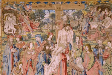 Tapeçaria flamenga. Série A paixão de Cristo: Descendência da cruz (Kruisafneming, Descendimiento de la cruz). Fabrico Pieter van Aelst. Cartoonista Jan van Roome. Ca 1507-1520. Detalhe.