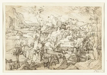 Paisagem com rochas, figuras e um veleiro