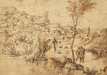 Paisagem com pastores à beira de um rio e uma cidade ao fundo (anverso); Estudos de figuras e ruínas romanas (verso)
