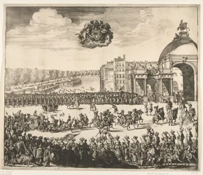 Entrada do rei William III em Haia, 1691 No Blyde, muito desejado, e primeiro Royal Inhalingh de William III, rei da Inglaterra, Escócia, Vranckryck e Yerlandt, etc. Binnen The Hague o 5 de fevereiro, em den Jaere 1691 (título em