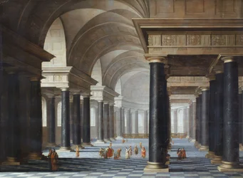 O interior de uma igreja com colunas de mármore preto e figuras em trajes antigos