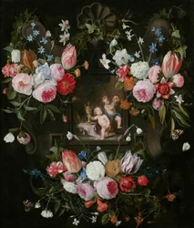 Uma cartela ainda vida de flores em torno de uma imagem alegórica de Putti com objetos caros e uma máscara, 1648