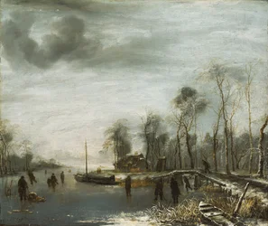 Uma paisagem de inverno com skatistas e jogadores Colf em uma hidrovia congelada, 1653