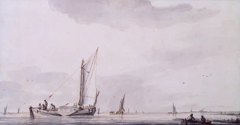 Pescadores e Barcos à Vela num Estuário numa Calmaria (caneta, tinta e lavagem)