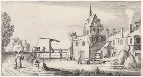 Figuras perto de uma ponte levadiça em frente a uma aldeia com uma torre de igreja
Playsante lantschappen ende vermakelycke gesichten (título da série)