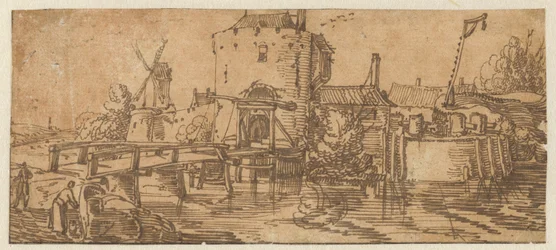 Vista de uma cidade (Culemborg?) com uma ponte em frente a um portão
