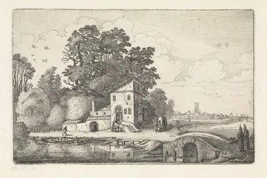 Casa junto a uma ponte de pedra numa paisagem fluvial
Paisagens (título da série)
Amenissimae aliquot requculae (título da série)
