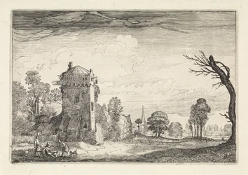 Caçadores com cães em uma torre em uma paisagem Paisagens (título da série) Amenissimae aliquot requculae (título da série)