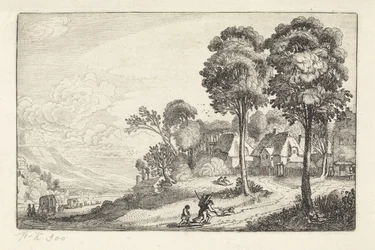 Viajantes em um caminho perto de uma vila Paisagens (título da série) Amenissimae aliquot requculae (título da série)