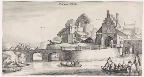 Portão da cidade com ponte sobre a água Paisagens Playsante e atrações divertidas (título da série)