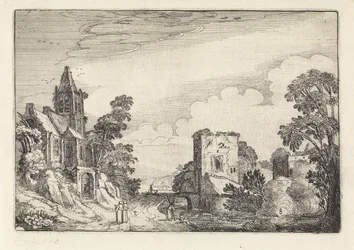 Torre e uma igreja em uma paisagem Amenissimae aliquot requculae (título da série) Paisagens (título da série)