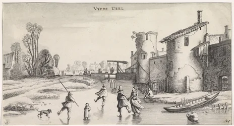 Paisagem de Inverno com patinadores perto da muralha de uma cidade
Playsante lantschappen ende vermakelycke gesichten (título da série)