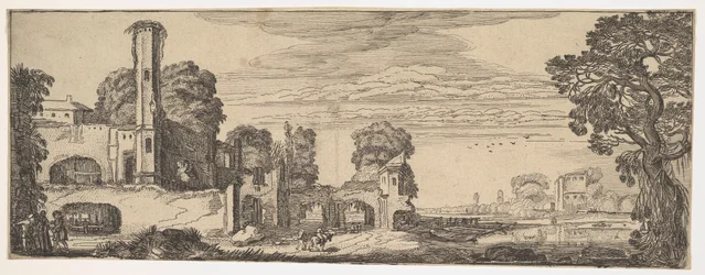 Riverscape com ruínas de um castelo from Landscapes and Ruins, ca. 1615.