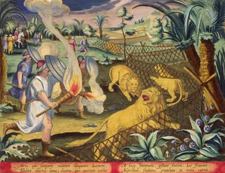 Uma caça romana, provavelmente no Norte de África Romano, placa 10 de, "Venationes Ferarum, Avium, Piscium" (De Caça: Bestas, Aves, Peixes) gravada por Jan Collaert (1566-1628) publicada por Phillipus Gallaeus de Amesterdão (gravura colorida à mão)