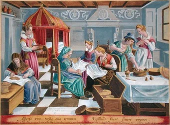 As mulheres borrifam os ovos do bicho-da-seda com vinho e mantêm-nos quentes ao peito, prato 3 de "Vermis Sericus" gravado por Philip Galle (1537-1612) (gravura)