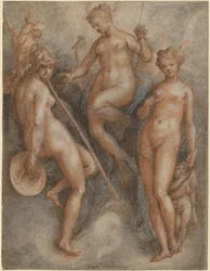 Três deusas: Minerva, Juno e Vênus, c.1587 (caneta e tinta marrom e giz preto e vermelho realçado com branco em papel vergê)