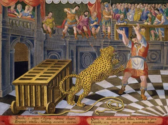 O Imperador Romano Commodus dispara uma flecha para subjugar um Leopardo que fugiu da sua jaula na Arena, placa 14 de "Venationes Ferarum, Avium, Piscium" (De Caça: Bestas, Aves, Peixes) gravada por Jan Collaert (1566-1628) publicada por Phillipu