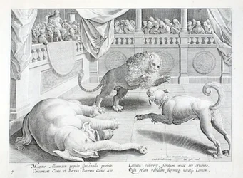 Alexandre o Grande dá espetáculo, luta de leões, cães e elefantes, ilustração de "Venationes, Ferarum, Avium, Piscium" (De Caça: Bestas, Aves, Peixes), gravada por Jan Collaert (1566-1628), pub. por Phillipus Gallaeus, Amsterdam (gravura)