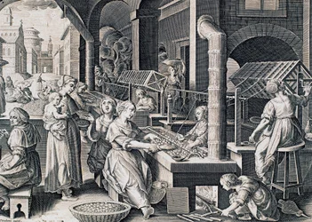 Vermis sericus, mulheres girando seda e aquecendo bichos-da-seda no fogo, gravura de Stradanus (1523-1605), Itália