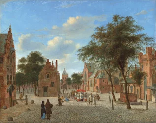 Vista de uma praça da cidade, com uma procissão durante a festa de Corpus Christi e figuras ajoelhadas diante da hóstia, c.1637-1712 (óleo sobre tela)