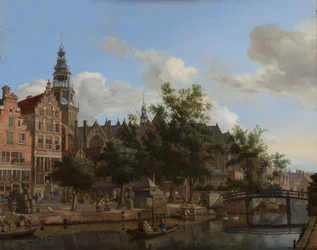 Vista de Oudezijds Voorburgwal com o Oude Kerk em Amsterdã
