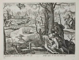 Birdcatchers usando armadilhas com ratos para capturar falcões, placa 64, ilustração de &39;Venationes, Ferarum, Avium, Piscium&39; (de caça: animais selvagens, pássaros, peixes), gravada por Jan Collaert (1566-162