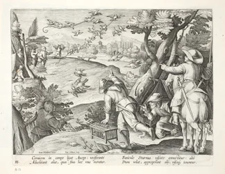 Fowlers que pegam corvos, ilustração de "Venationes, Ferarum, Avium, Piscium" (da caça: Bestas selvagens, pássaros, peixes), gravada por Jan Collaert (1566-1628), bar. por Phillipus Gallaeus, Amsterdam (por