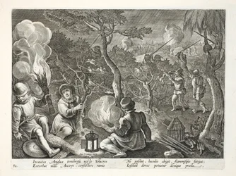 Fowlers que pegam pássaros na noite, ilustração de &39;Venationes, Ferarum, Avium, Piscium&39; (da caça: Bestas selvagens, pássaros, peixes), gravados por Jan Collaert (1566-1628), bar. por Phillipus Gallaeus, Amste