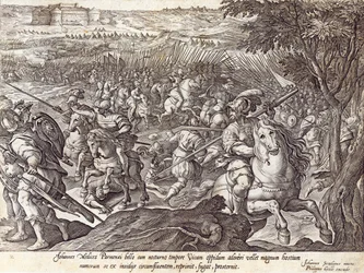 Giovanni de &39;Medici derrotou em Parma, prato de&39; A História dos Medici &39;, gravado por Philip Galle (1537-1612), c.1583