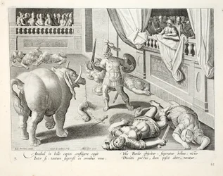Aníbal faz romanos derrotados lutam entre si, ilustração de &39;Venationes, Ferarum, Avium, Piscium&39; (de caça: feras, pássaros, peixes), gravada por Jan Collaert (1566-1628), pub. por Phillipus
