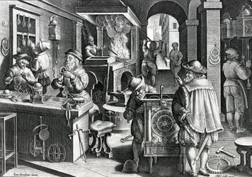 O ferro relógios, a placa 5 &39;de Nova Reperta&39; gravada pela Philips Galle, c.1580-1605