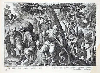 Caçadores usam lanças ou armas carregadas com chumbo para caçar javalis de montanha, ilustração de &39;Venationes, Ferarum, Avium, Piscium&39; (de caça: feras, pássaros, peixes), gravada por Jan Collaert (1566-1628),