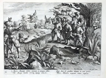 Caçadores usando Falcons para caçar gansos, ilustração de &39;Venationes, Ferarum, Avium, Piscium&39; (de caça: feras, pássaros, peixes), gravada por Jan Collaert (1566-1628), pub. por Phillipus Gallaeus, A