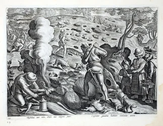 Caçando coelhos, ilustração de &39;Venationes, Ferarum, Avium, Piscium&39; (da caça: Bestas selvagens, pássaros, peixes), gravada por Jan Collaert (1566-1628), bar. por Phillipus Gallaeus, Amsterdã