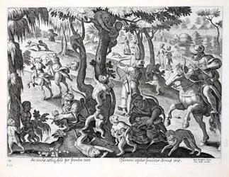 Caçando macacos no campo, ilustração de &39;Venationes, Ferarum, Avium, Piscium&39; (da caça: Bestas selvagens, pássaros, peixes), gravados por Jan Collaert (1566-1628), bar. por Phillipus Gallaeus, Am