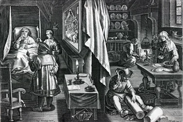 HyaC a ruína da placa união 6 de Nova Reperta &39;gravado por Philip Galle, c.1580-1605 (gravura)