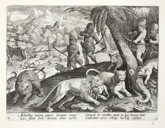 Índios atiram leões com flechas, que capturaram macacos na boca, ilustração de &39;Venationes, Ferarum, Avium, Piscium&39; (De Caça: Animais Selvagens, Pássaros, Peixes), gravada por Jan Collaert (15