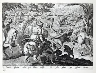 Mouros a cavalo a caçar avestruzes, prancha 62, ilustração de «Venationes, Ferarum, Avium, Piscium» (Sobre a caça: animais selvagens, aves, peixes), gravada por Jan Collaert (1566-1628), publicada por Phillipus