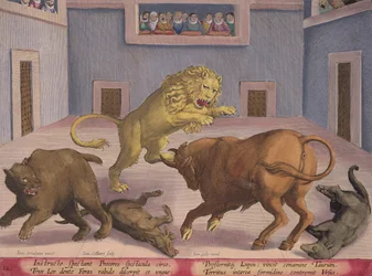 Nobres assistir combate de bestas selvagens em um circo indoor, placa 12 de &39;Venationes Ferarum, Avium, Piscium&39; (de caça: feras, pássaros, peixes) gravada por Jan Collaert (1566-1628) publicado por Ph
