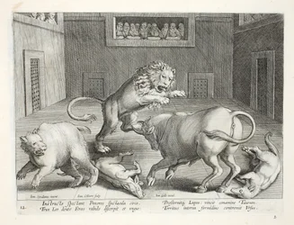 Nobres assistem ao combate de feras em um circo indoor, ilustração de "Venationes, Ferarum, Avium, Piscium" (de caça: feras, pássaros, peixes), gravada por Jan Collaert (1566-1628), pub. por